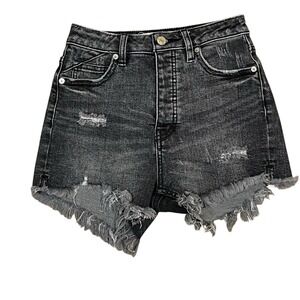 WE THE FREE Crvy Distressed Hi-Rise Button Fly Cut Off Jean Short 24 Black